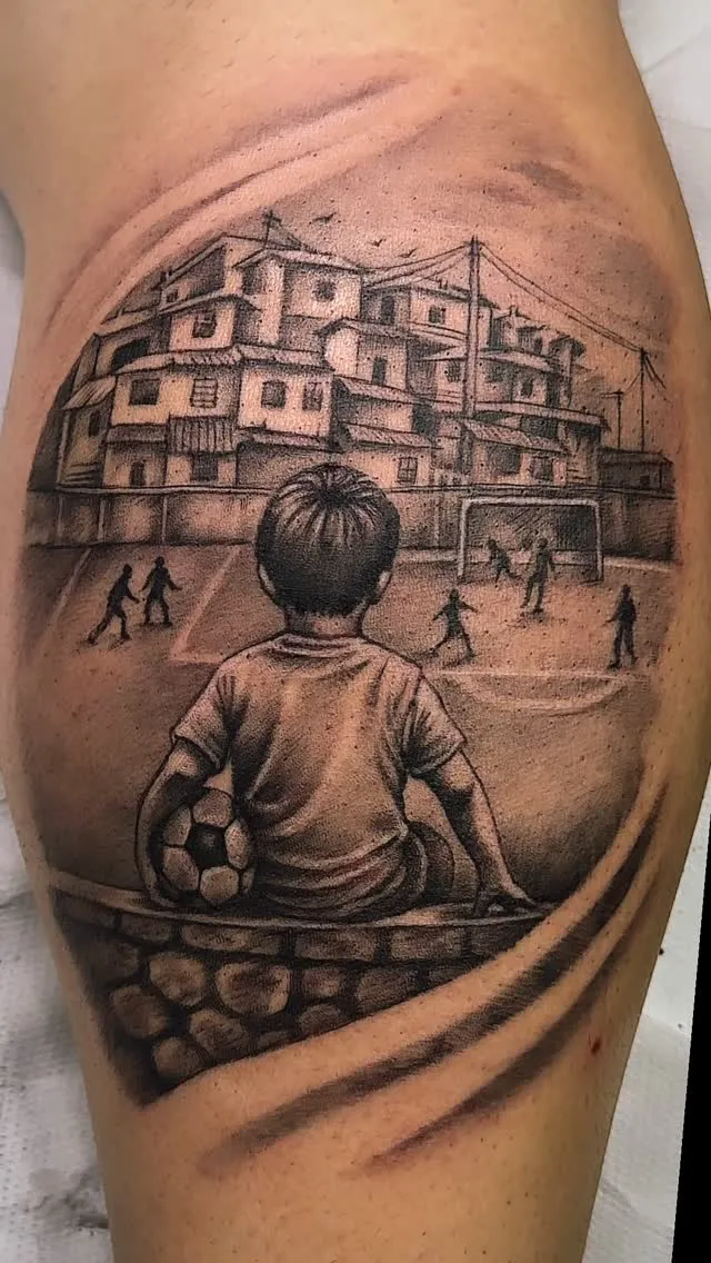 Tatuaggio realistico di un bambino con un pallone davanti a una favela